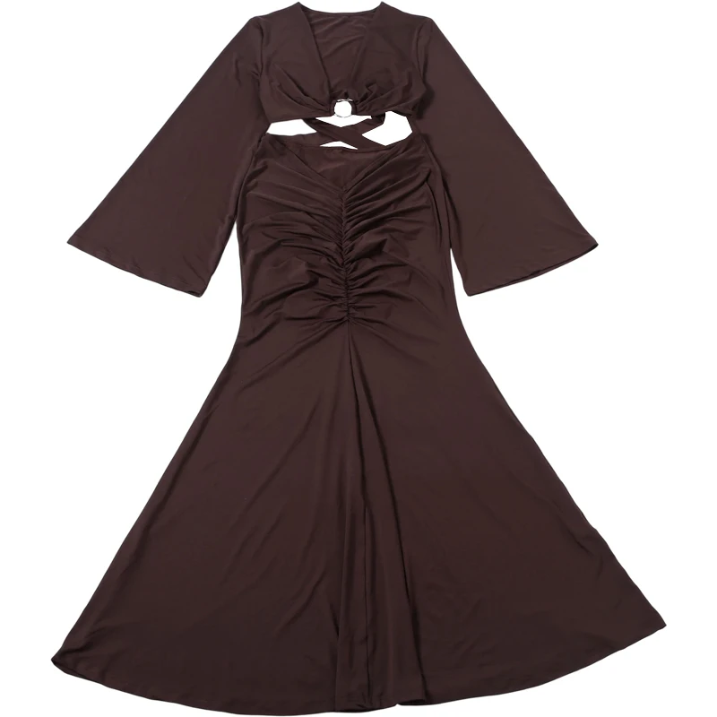 Sisterlinda Women Fashion 2 Piece Set Cross Bandages Metal Ring Patchwork Puff Sleeve T-Shirt+Ruched Skirts Trend Party Suit