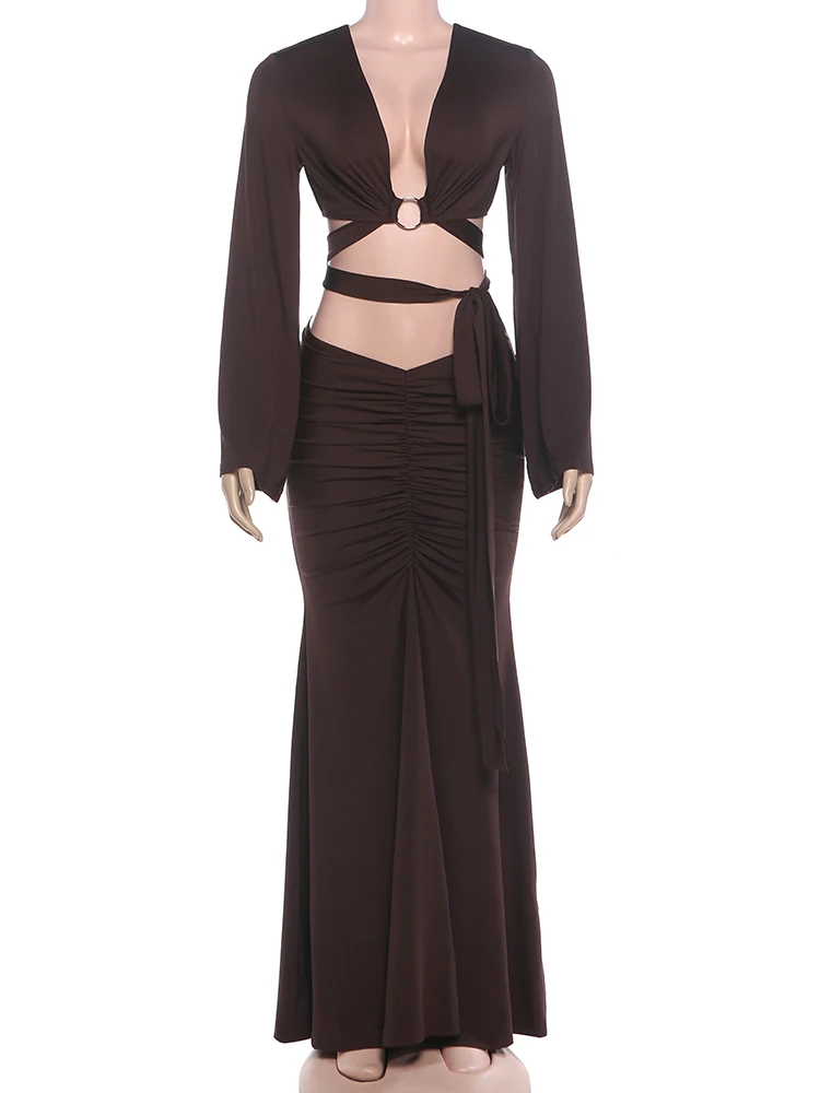 Sisterlinda Women Fashion 2 Piece Set Cross Bandages Metal Ring Patchwork Puff Sleeve T-Shirt+Ruched Skirts Trend Party Suit