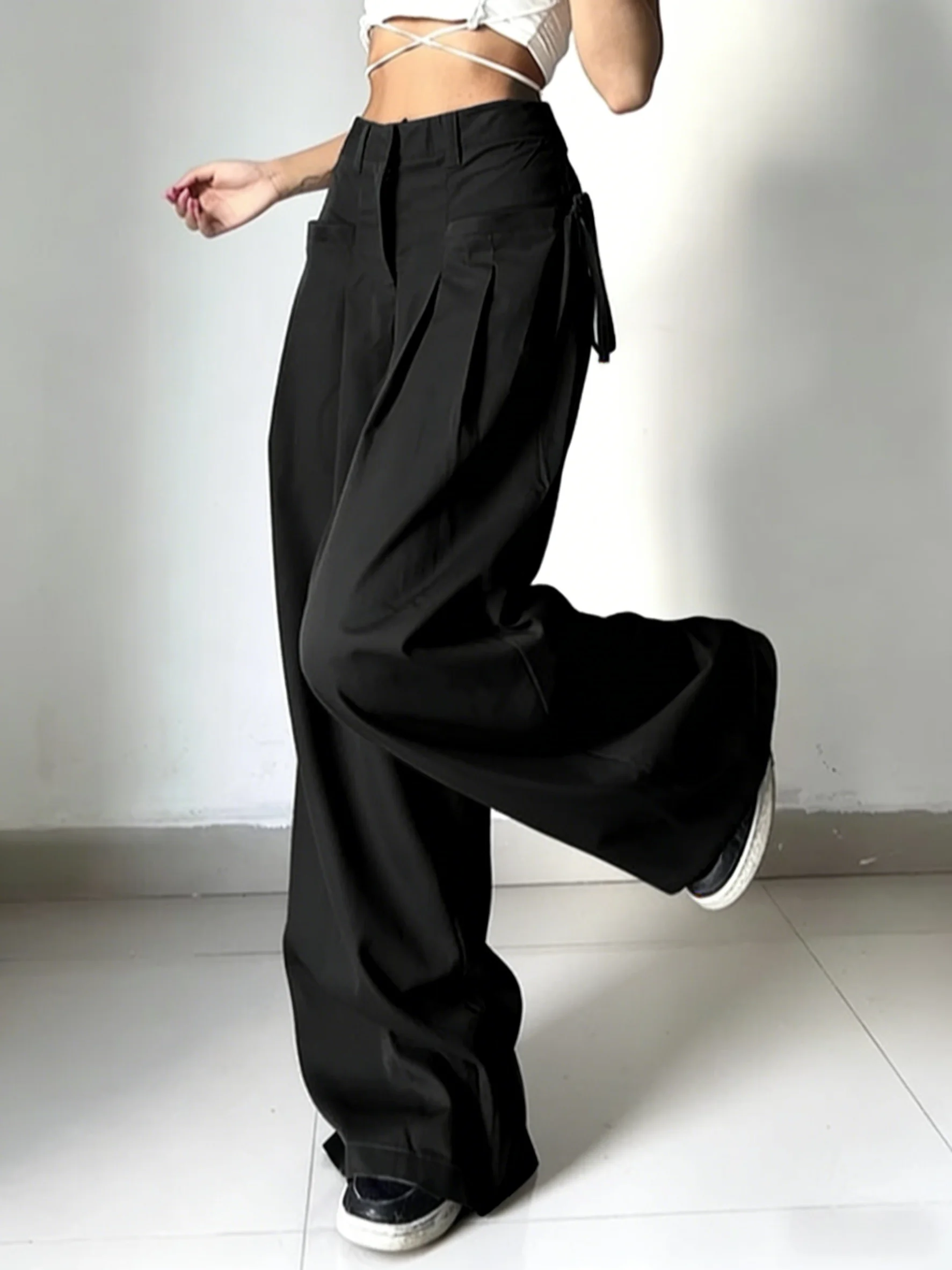 Women Wide Leg Cargo Pants High Waist Streetwear Trousers 2026 Spring Autumn Solid Black Loose Pleated Casual Pants S-XXL Size