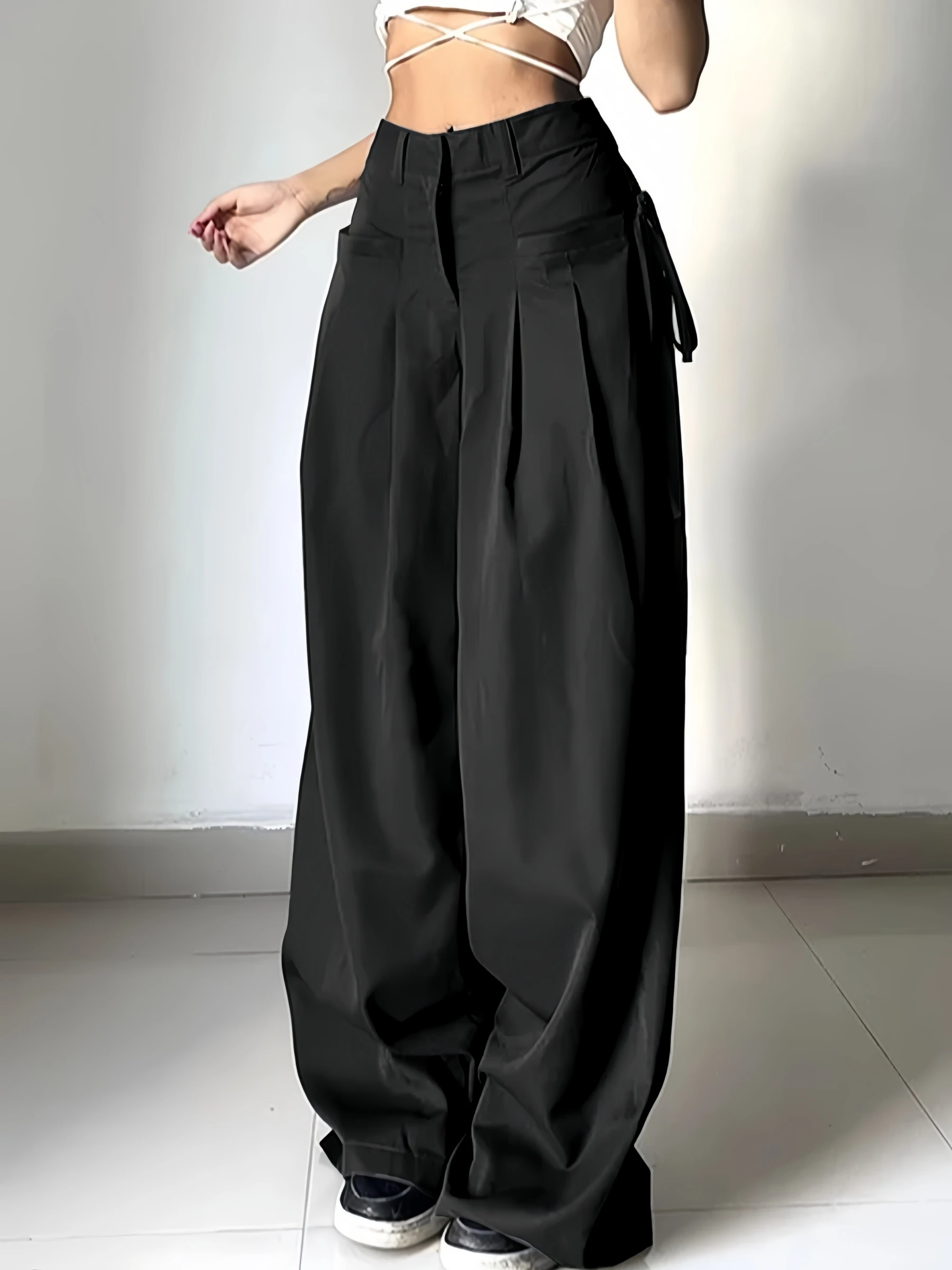 Women Wide Leg Cargo Pants High Waist Streetwear Trousers 2026 Spring Autumn Solid Black Loose Pleated Casual Pants S-XXL Size