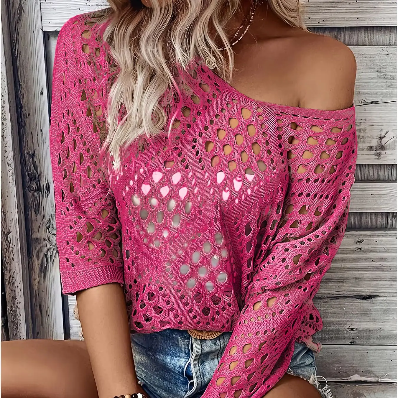 Women Spring Summer Casual Loose V Neck Half Sleeve Hollow Out Crochet Knit Sweater Beach Vacation Cover Up Pullover Tops