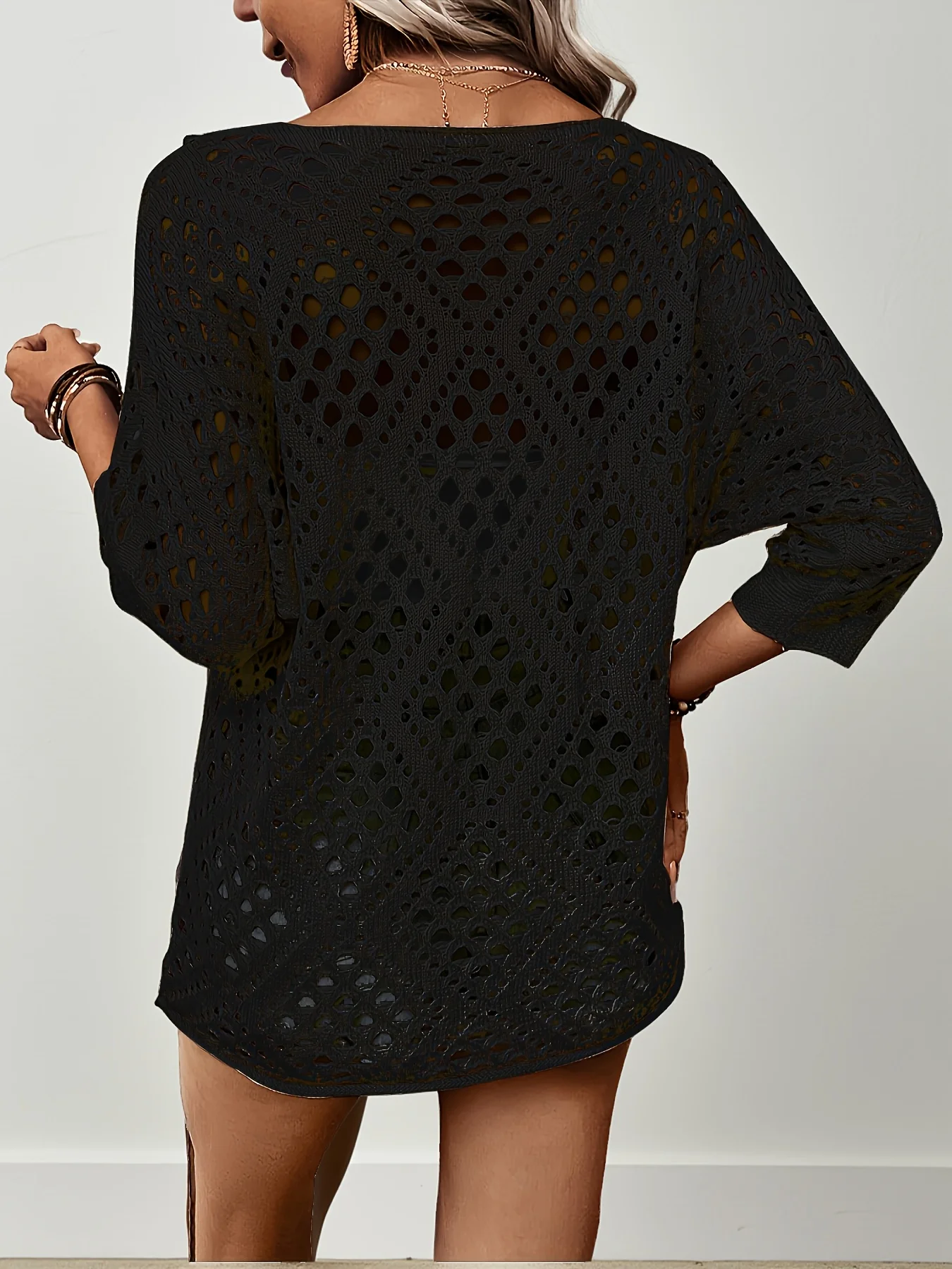 Women Spring Summer Casual Loose V Neck Half Sleeve Hollow Out Crochet Knit Sweater Beach Vacation Cover Up Pullover Tops