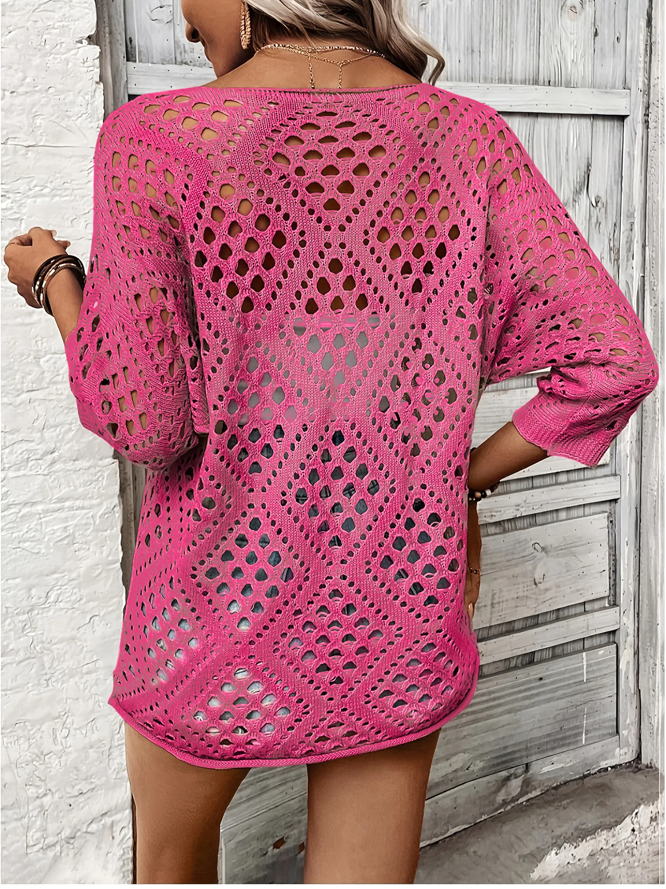Women Spring Summer Casual Loose V Neck Half Sleeve Hollow Out Crochet Knit Sweater Beach Vacation Cover Up Pullover Tops