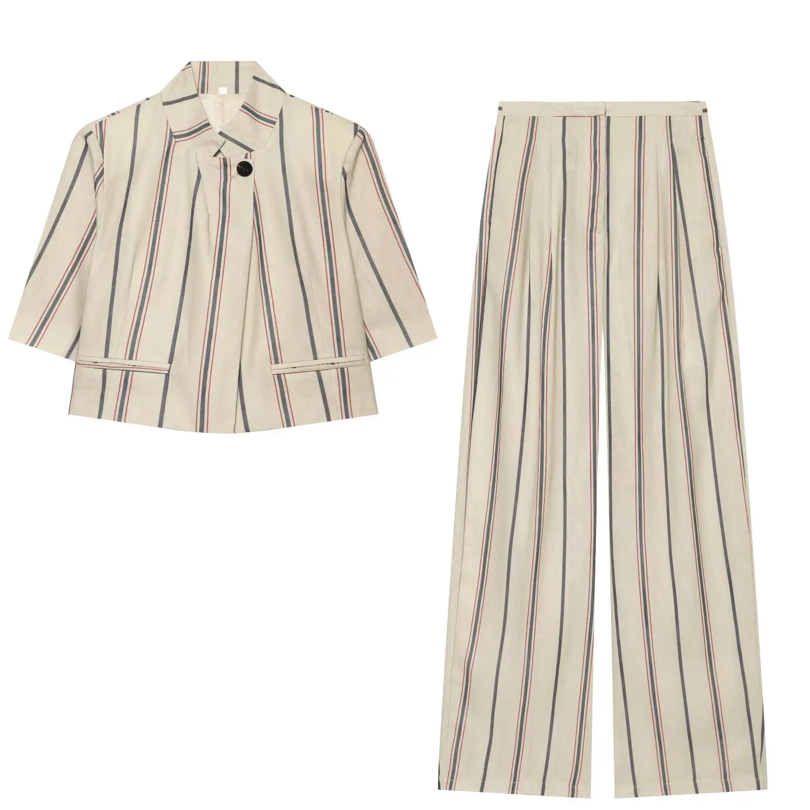 BSAY Women New Vertical Striped Matching Suit Set Notched Lapel Cropped Blazer Sleeve High Waist Wide Leg Casual 2 Piece Outfit