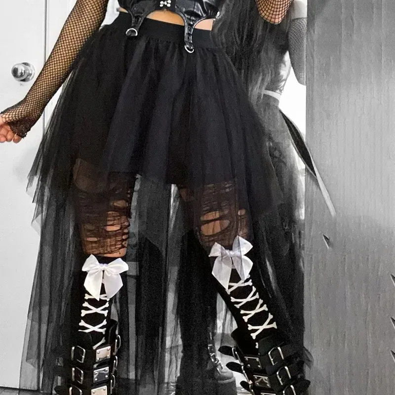 Sexy Net Yarn High-Waisted Irregular Skirt for Women Summer New European and American Gothic Style Versatile Casual Skirts