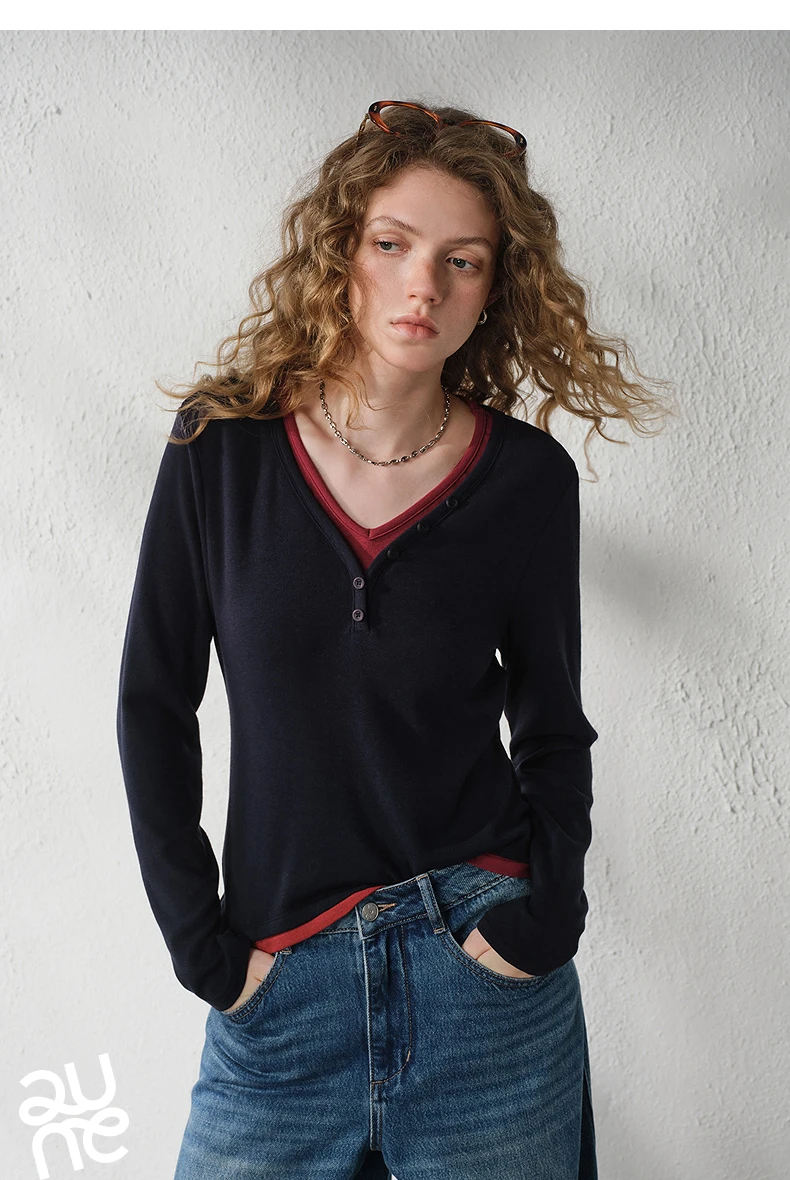 TOYOUTH Women's V Neck Fake Two Piece Long Sleeve T Shirt 2026 Autumn New Cashmere-like Slim Fit Cropped