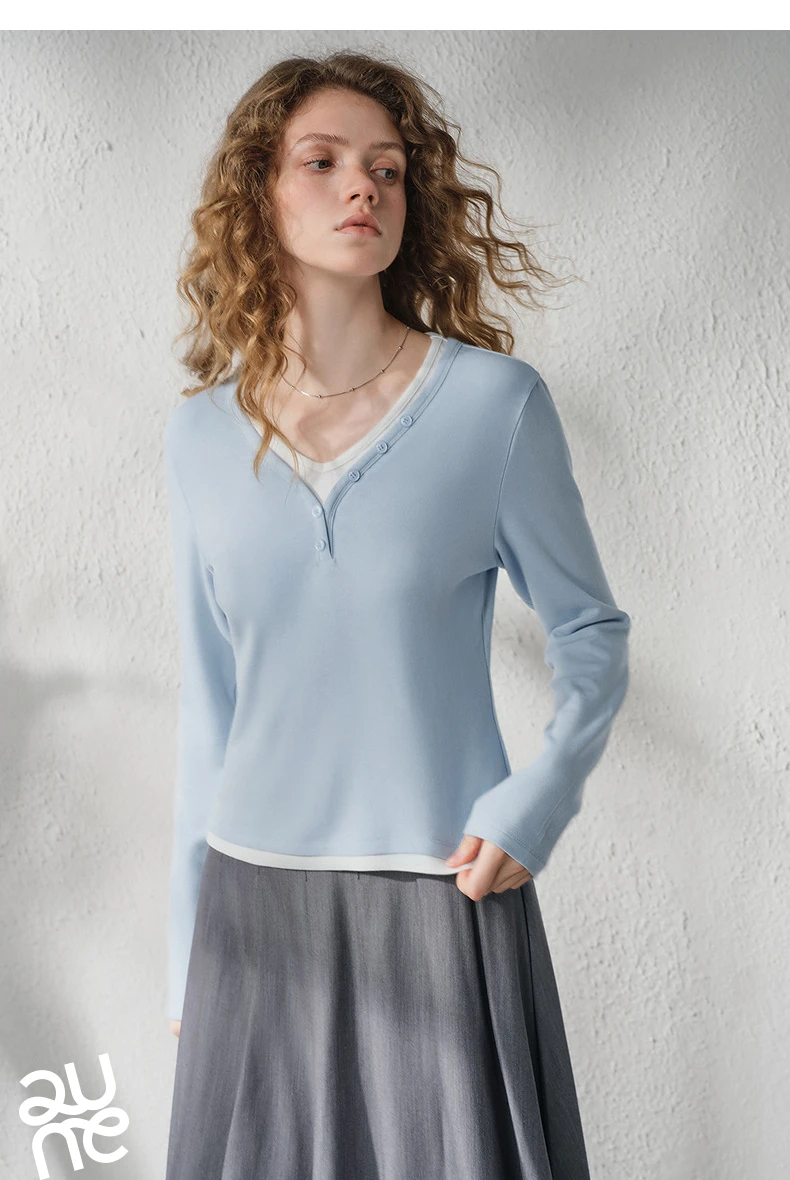 TOYOUTH Women's V Neck Fake Two Piece Long Sleeve T Shirt 2026 Autumn New Cashmere-like Slim Fit Cropped