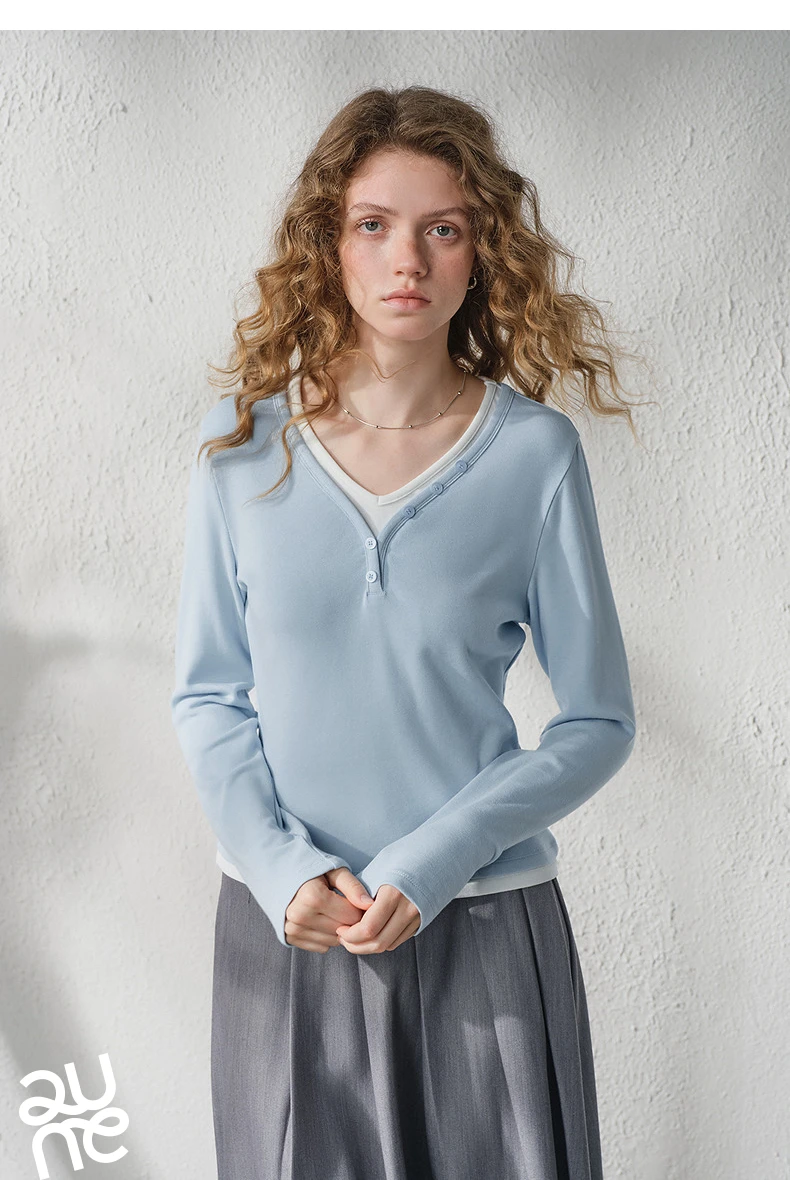 TOYOUTH Women's V Neck Fake Two Piece Long Sleeve T Shirt 2026 Autumn New Cashmere-like Slim Fit Cropped