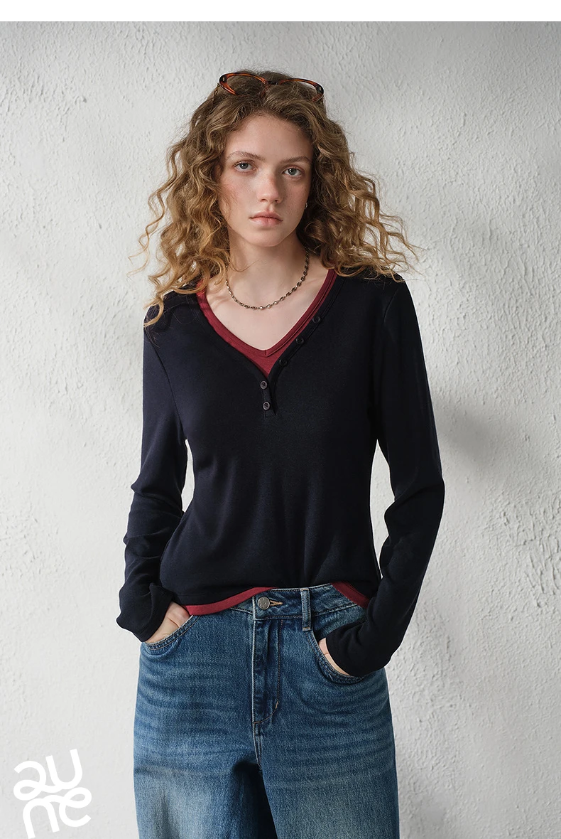 TOYOUTH Women's V Neck Fake Two Piece Long Sleeve T Shirt 2026 Autumn New Cashmere-like Slim Fit Cropped