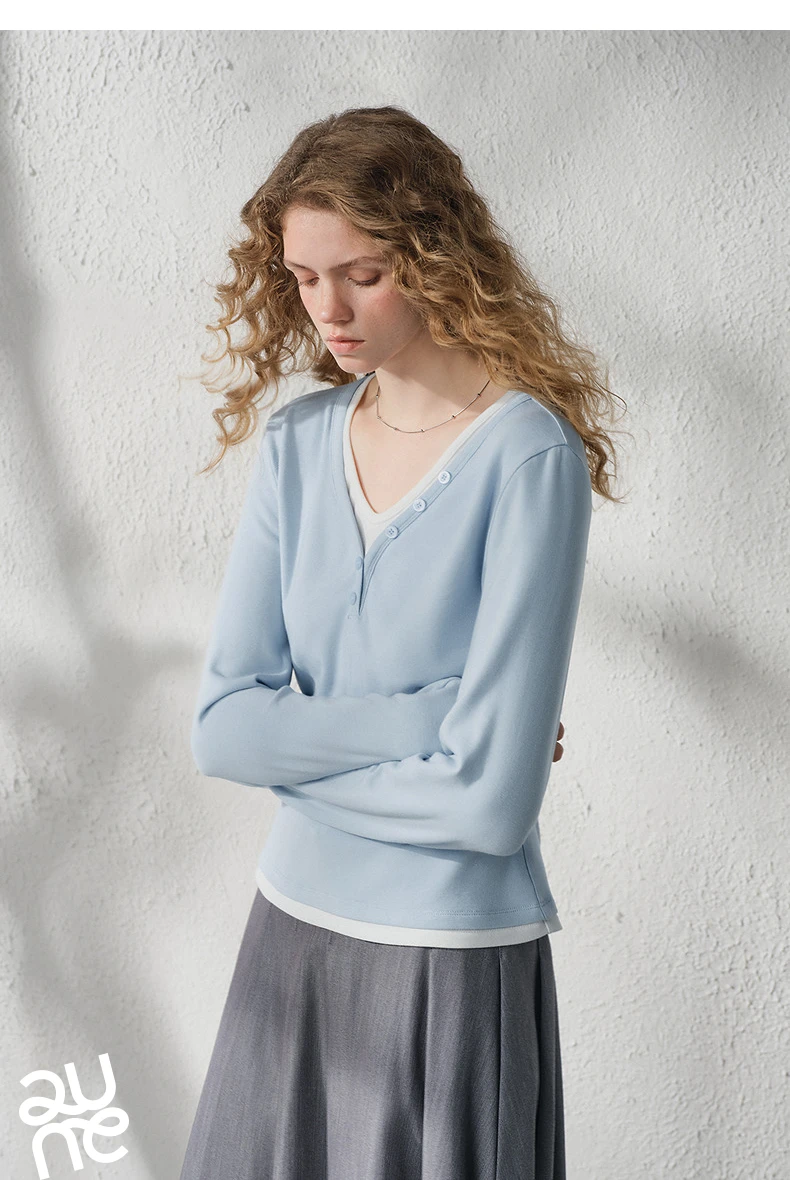 TOYOUTH Women's V Neck Fake Two Piece Long Sleeve T Shirt 2026 Autumn New Cashmere-like Slim Fit Cropped