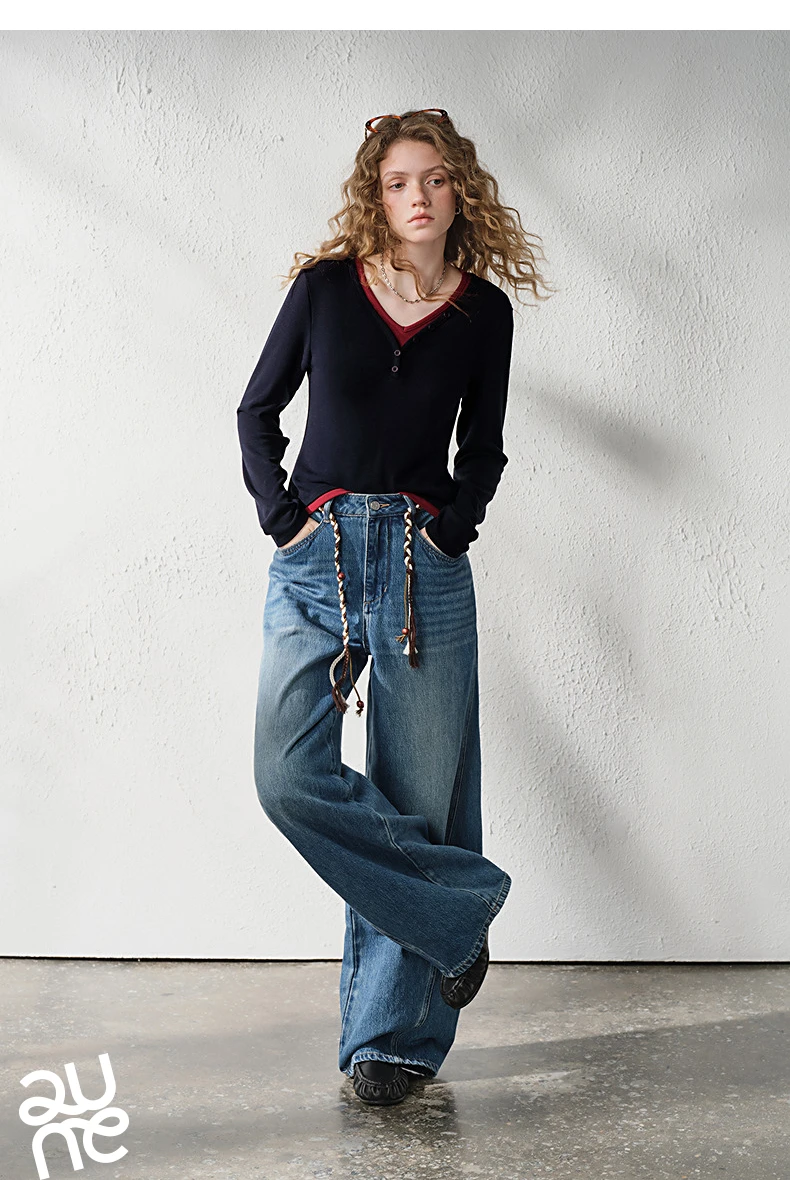 TOYOUTH Women's V Neck Fake Two Piece Long Sleeve T Shirt 2026 Autumn New Cashmere-like Slim Fit Cropped