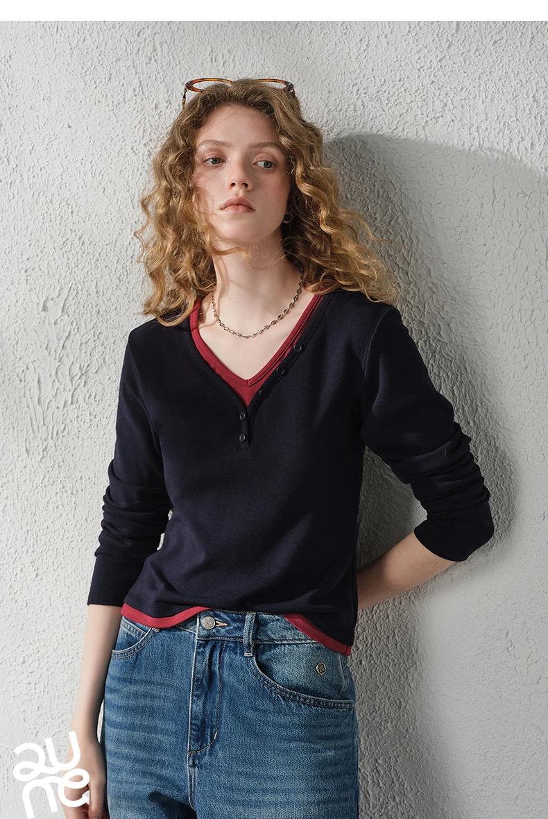 TOYOUTH Women's V Neck Fake Two Piece Long Sleeve T Shirt 2026 Autumn New Cashmere-like Slim Fit Cropped