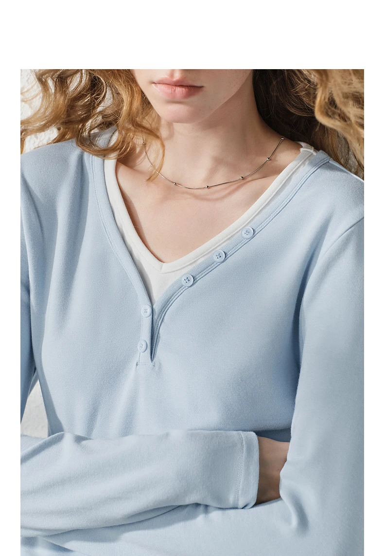 TOYOUTH Women's V Neck Fake Two Piece Long Sleeve T Shirt 2026 Autumn New Cashmere-like Slim Fit Cropped