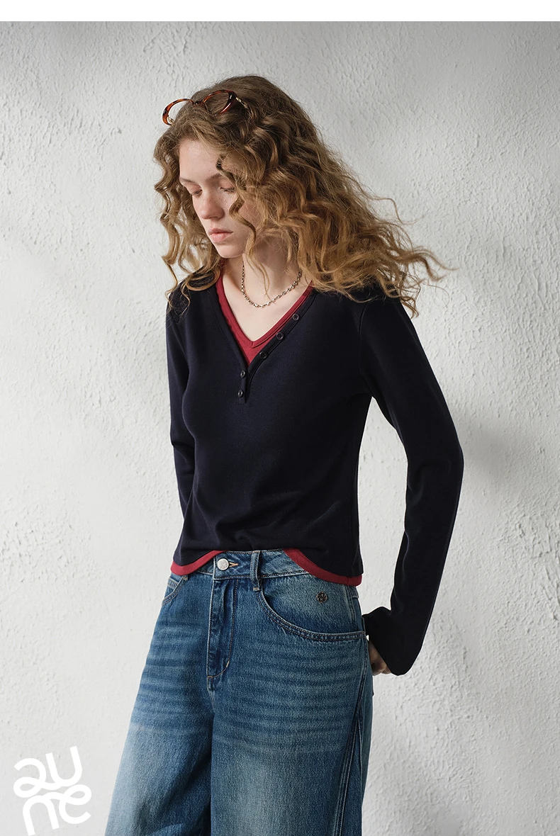 TOYOUTH Women's V Neck Fake Two Piece Long Sleeve T Shirt 2026 Autumn New Cashmere-like Slim Fit Cropped