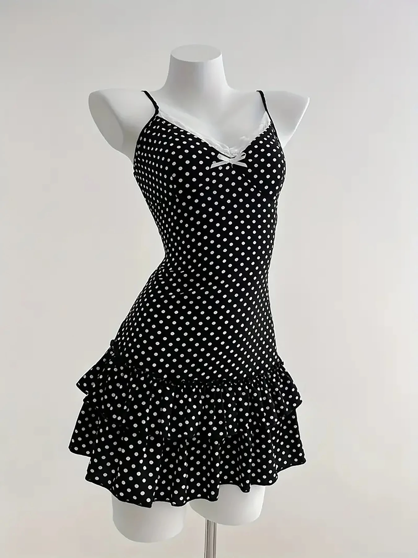 Sweet Short Skirt Fashion Polka Dot Bow Waist Ruffle Y2K Strapless Dress