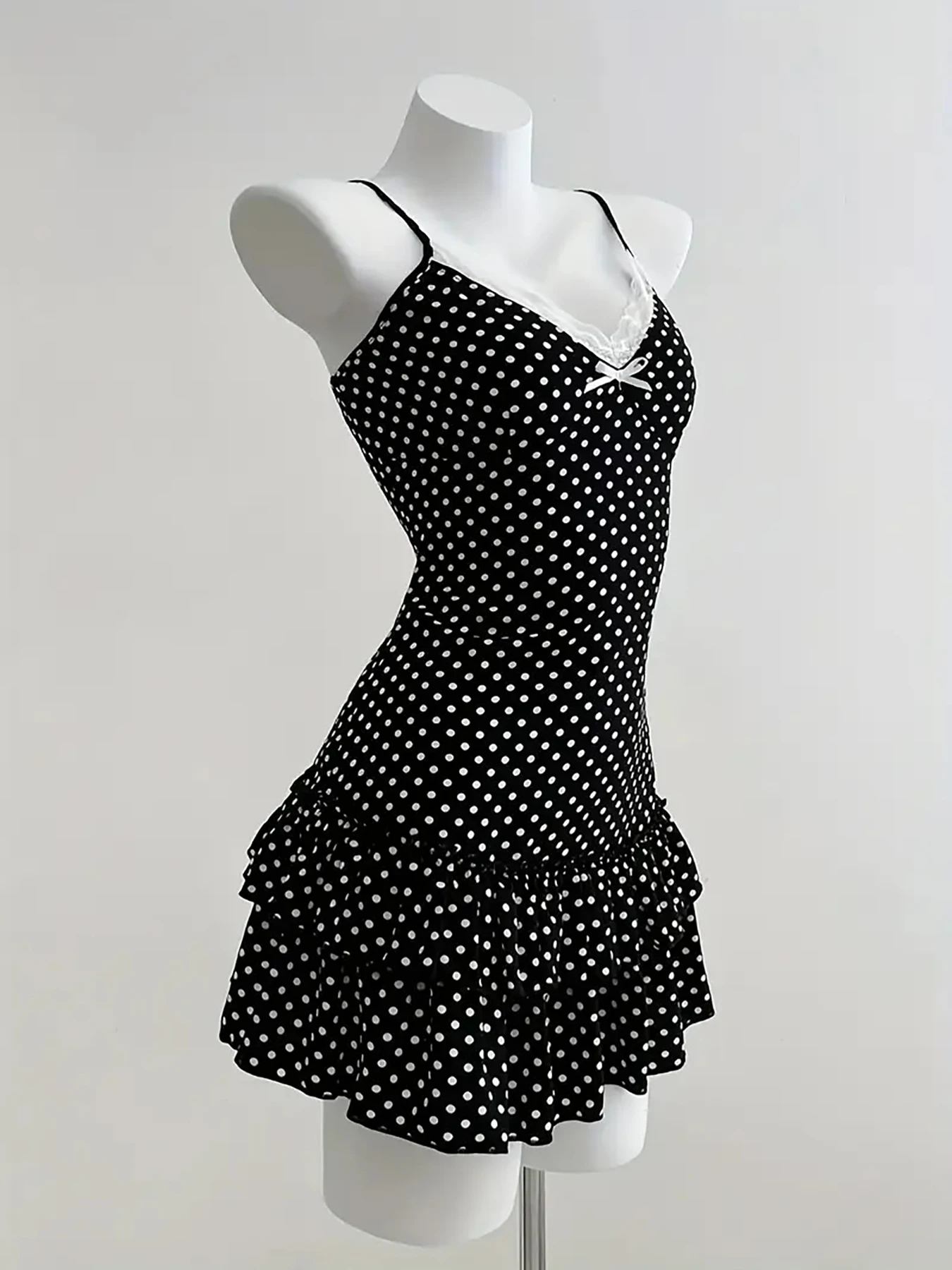 Sweet Short Skirt Fashion Polka Dot Bow Waist Ruffle Y2K Strapless Dress