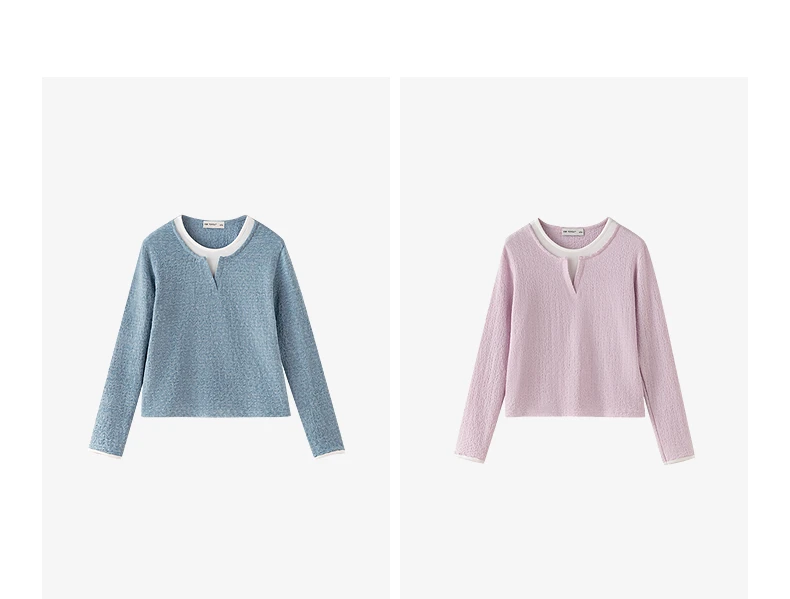 TOYOUTH Women's Long Sleeve T Shirt 2026 Autumn New Retro Textured Fitted Colorblock Fake Two Piece Double Collar Layering Tops