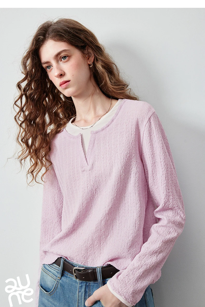 TOYOUTH Women's Long Sleeve T Shirt 2026 Autumn New Retro Textured Fitted Colorblock Fake Two Piece Double Collar Layering Tops