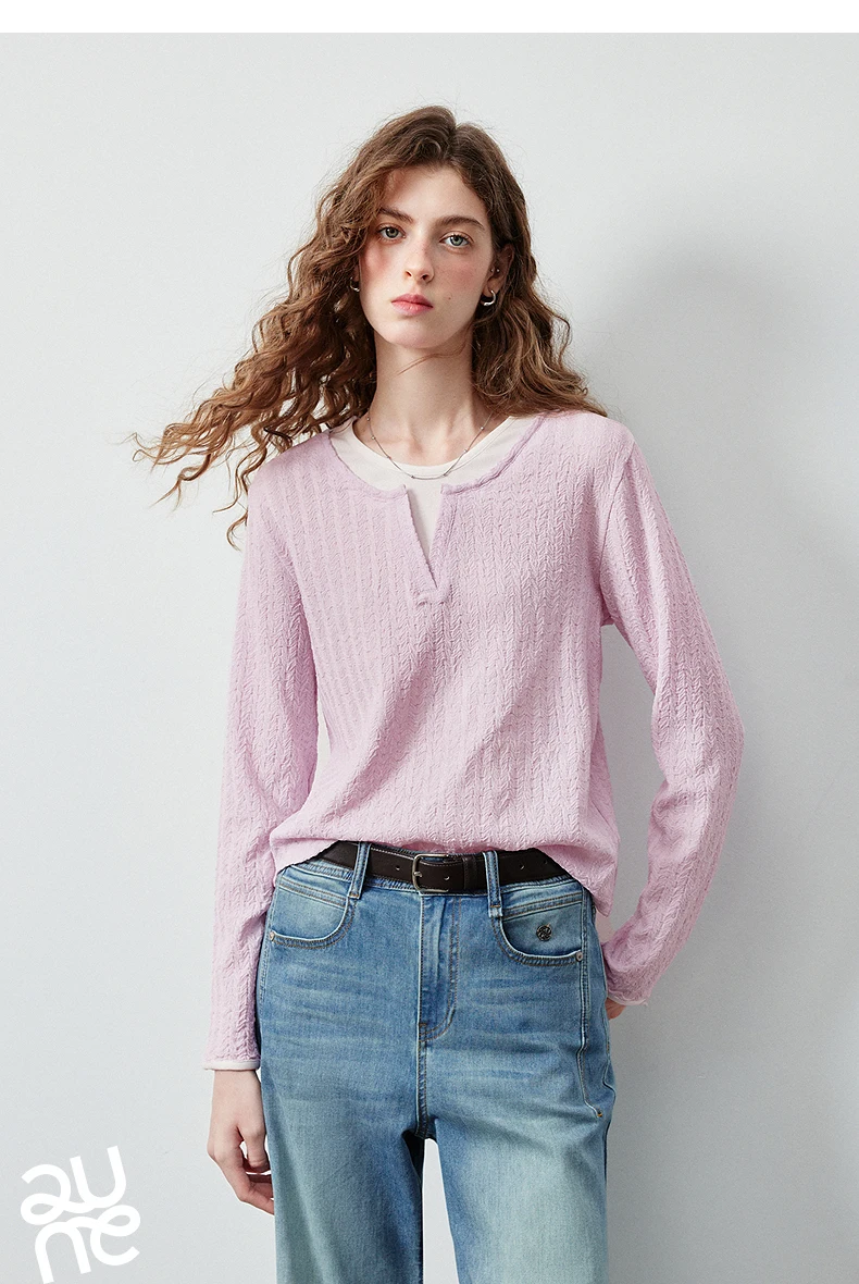 TOYOUTH Women's Long Sleeve T Shirt 2026 Autumn New Retro Textured Fitted Colorblock Fake Two Piece Double Collar Layering Tops