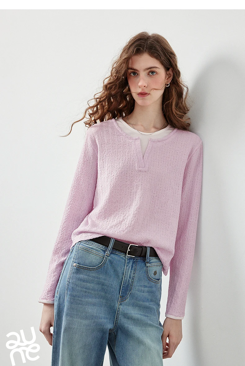 TOYOUTH Women's Long Sleeve T Shirt 2026 Autumn New Retro Textured Fitted Colorblock Fake Two Piece Double Collar Layering Tops