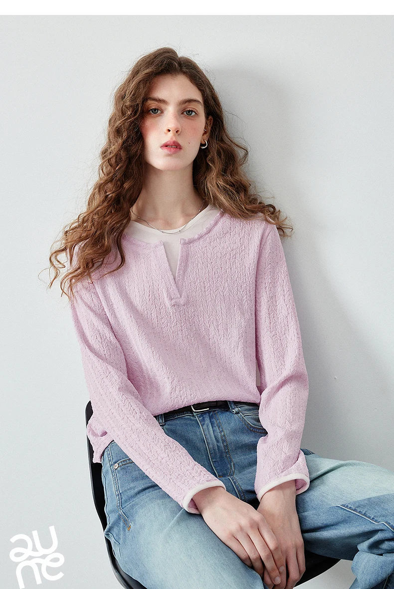 TOYOUTH Women's Long Sleeve T Shirt 2026 Autumn New Retro Textured Fitted Colorblock Fake Two Piece Double Collar Layering Tops