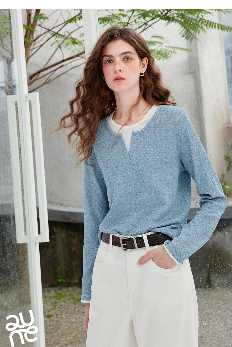 TOYOUTH Women's Long Sleeve T Shirt 2026 Autumn New Retro Textured Fitted Colorblock Fake Two Piece Double Collar Layering Tops