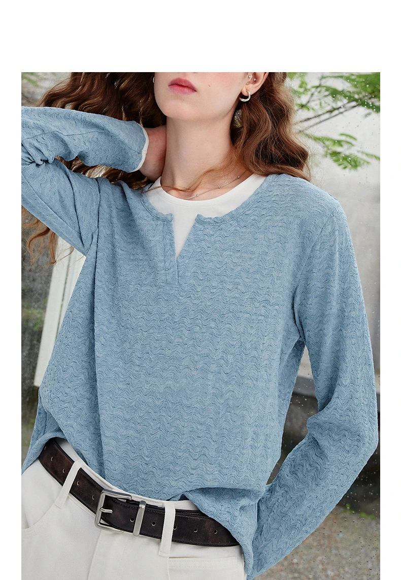 TOYOUTH Women's Long Sleeve T Shirt 2026 Autumn New Retro Textured Fitted Colorblock Fake Two Piece Double Collar Layering Tops