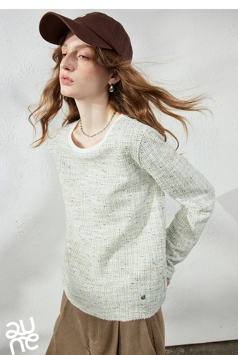 TOYOUTH Women's T-Shirt 2026 Autumn New Knitted Tweed Long Sleeve Loose Crew Neck Elegant Tops