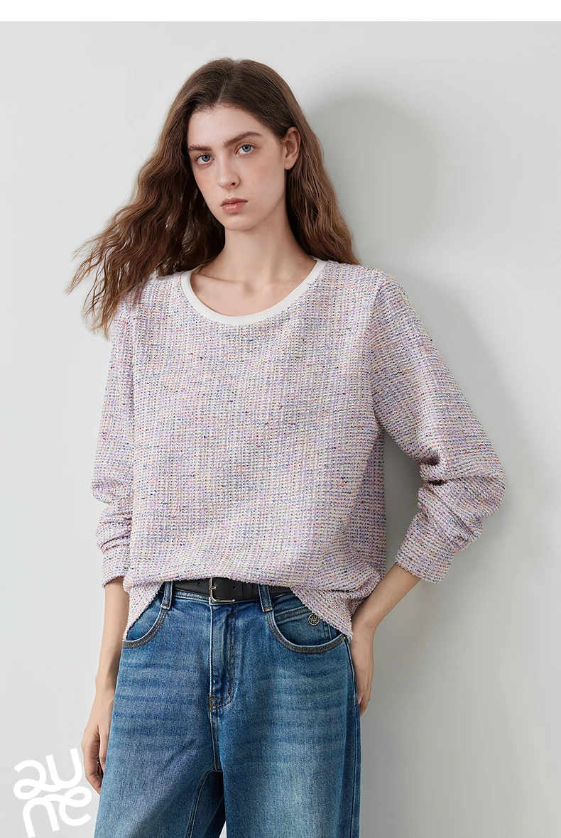 TOYOUTH Women's T-Shirt 2026 Autumn New Knitted Tweed Long Sleeve Loose Crew Neck Elegant Tops