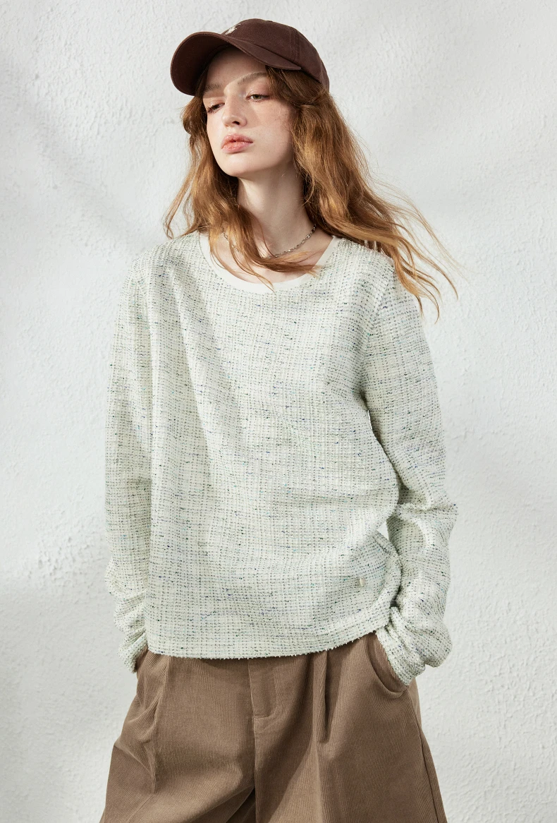 TOYOUTH Women's T-Shirt 2026 Autumn New Knitted Tweed Long Sleeve Loose Crew Neck Elegant Tops