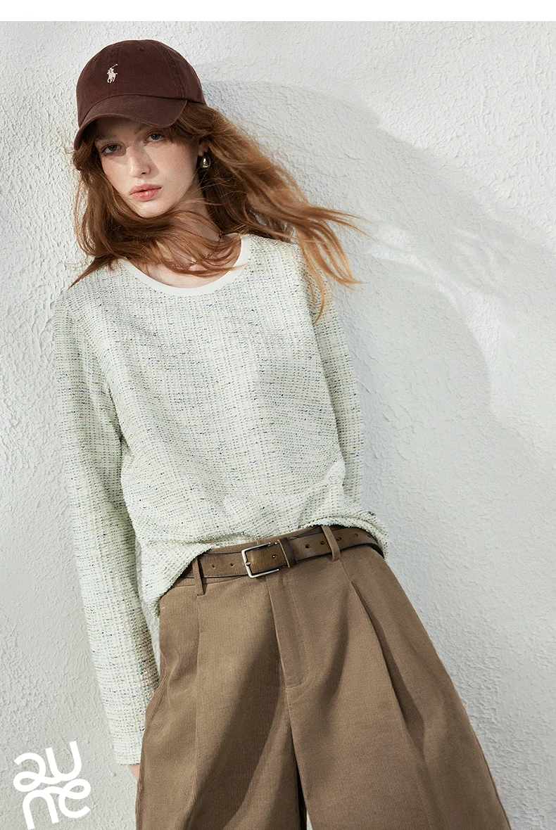 TOYOUTH Women's T-Shirt 2026 Autumn New Knitted Tweed Long Sleeve Loose Crew Neck Elegant Tops