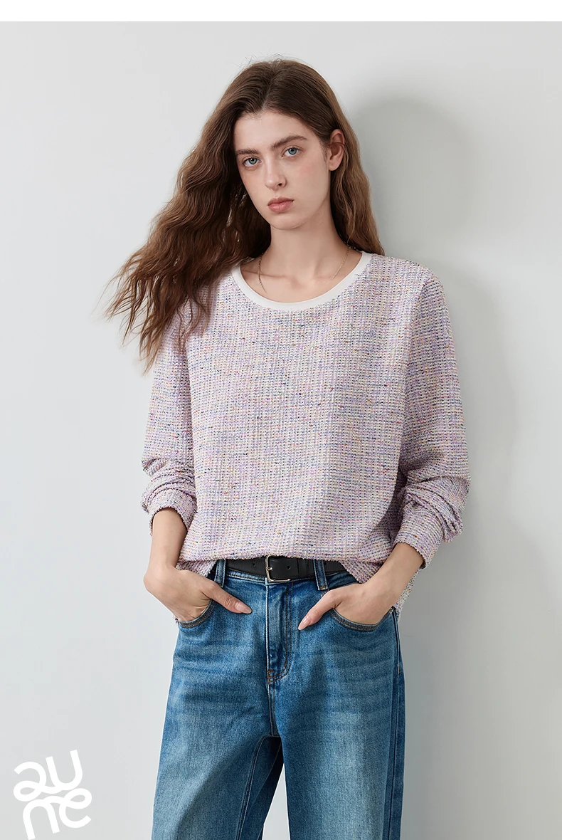 TOYOUTH Women's T-Shirt 2026 Autumn New Knitted Tweed Long Sleeve Loose Crew Neck Elegant Tops