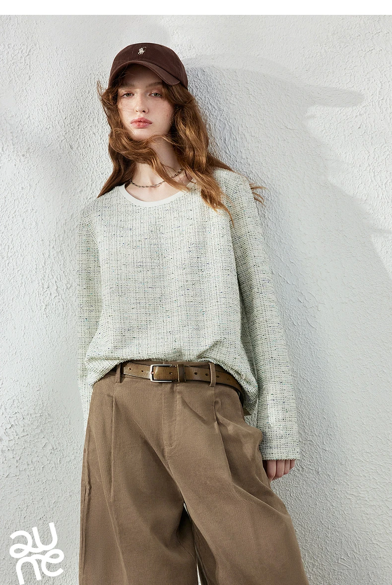 TOYOUTH Women's T-Shirt 2026 Autumn New Knitted Tweed Long Sleeve Loose Crew Neck Elegant Tops