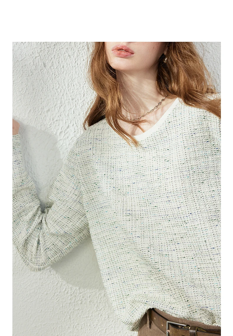 TOYOUTH Women's T-Shirt 2026 Autumn New Knitted Tweed Long Sleeve Loose Crew Neck Elegant Tops