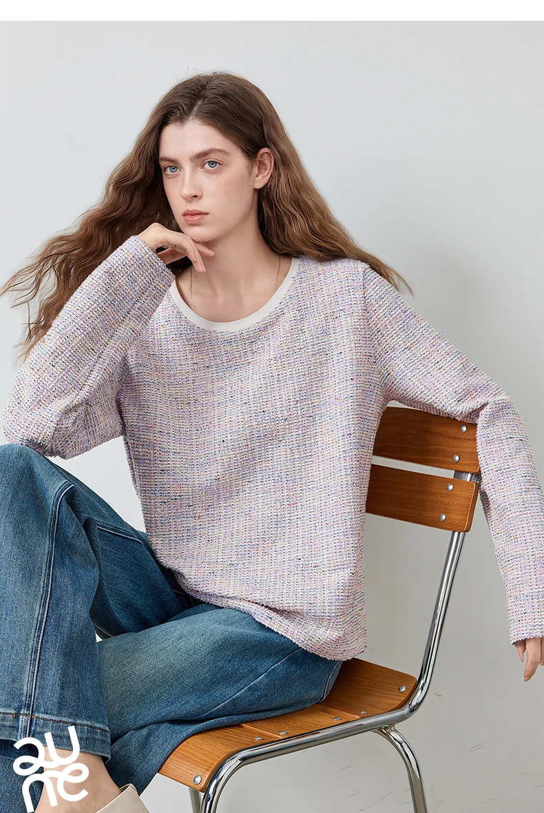 TOYOUTH Women's T-Shirt 2026 Autumn New Knitted Tweed Long Sleeve Loose Crew Neck Elegant Tops