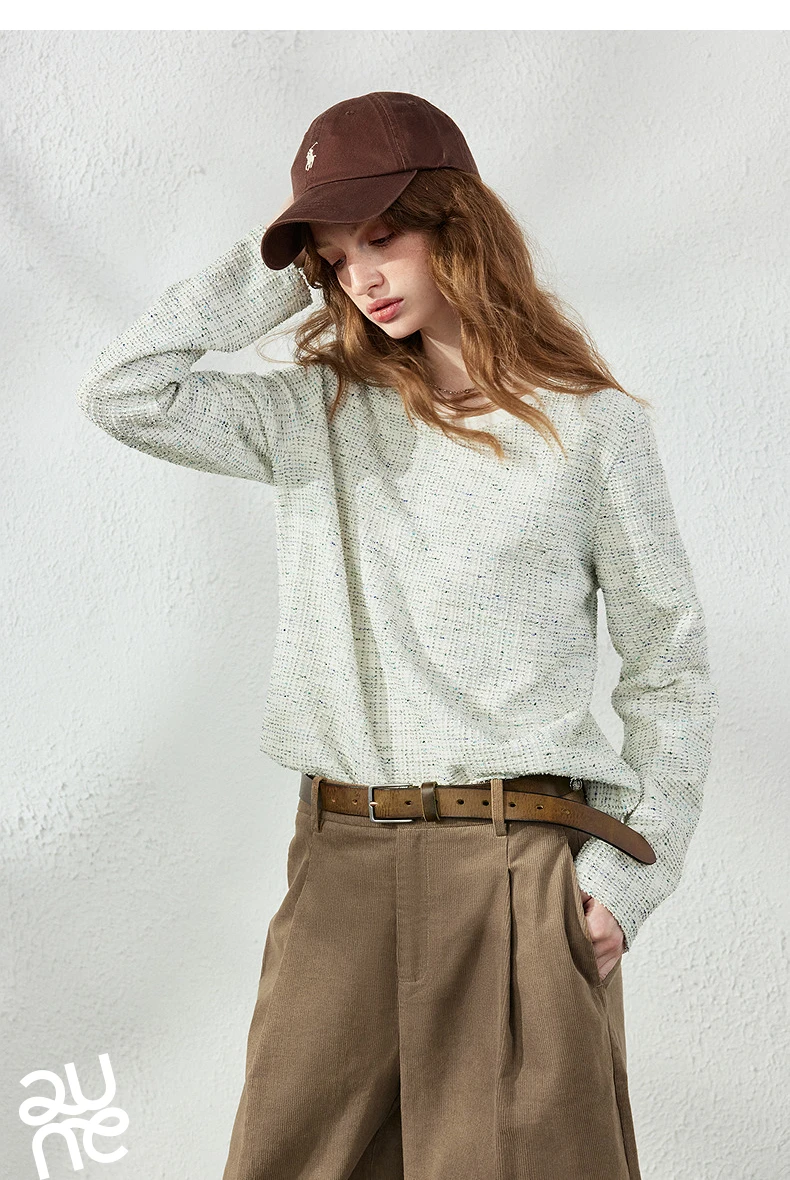 TOYOUTH Women's T-Shirt 2026 Autumn New Knitted Tweed Long Sleeve Loose Crew Neck Elegant Tops