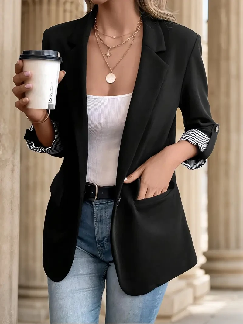 New women's casual and fashionable jacket with rolled sleeves and slim fit button up suit
