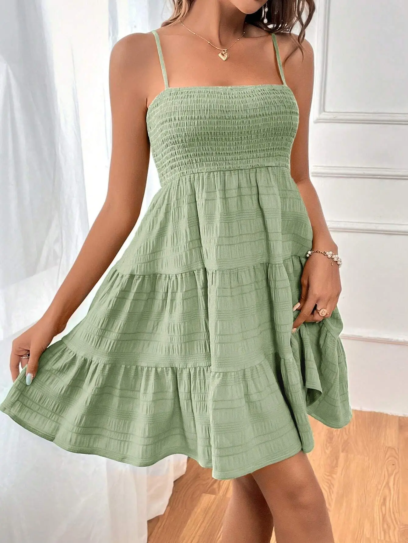 Women's Fashion Spaghetti Strap Smocked Bustier Mini Dress Blue Ruffled Tiered Swing Dress Summer Casual Vacation Beach Wear