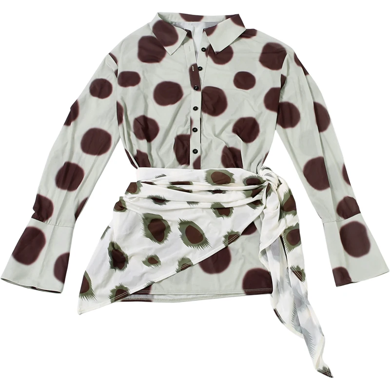 Weird Puss Silk Scarf Strap Patchwork Dress Women Sexy Single-Breasted Full Sleeve Polka Dot Print Hottie Music Festival Bodycon