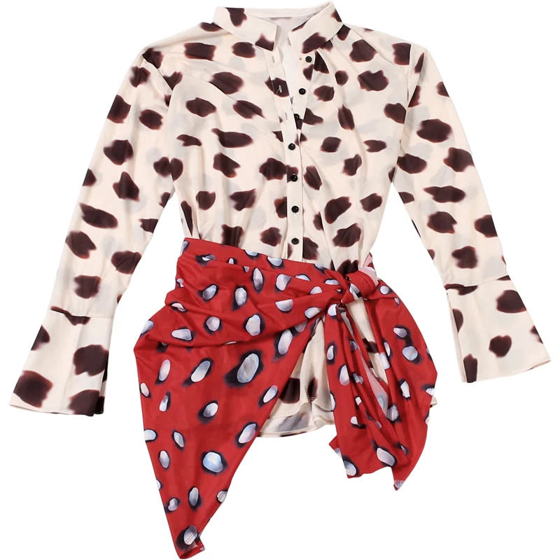 Weird Puss Silk Scarf Strap Patchwork Dress Women Sexy Single-Breasted Full Sleeve Polka Dot Print Hottie Music Festival Bodycon