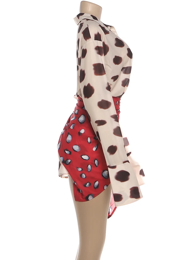 Weird Puss Silk Scarf Strap Patchwork Dress Women Sexy Single-Breasted Full Sleeve Polka Dot Print Hottie Music Festival Bodycon