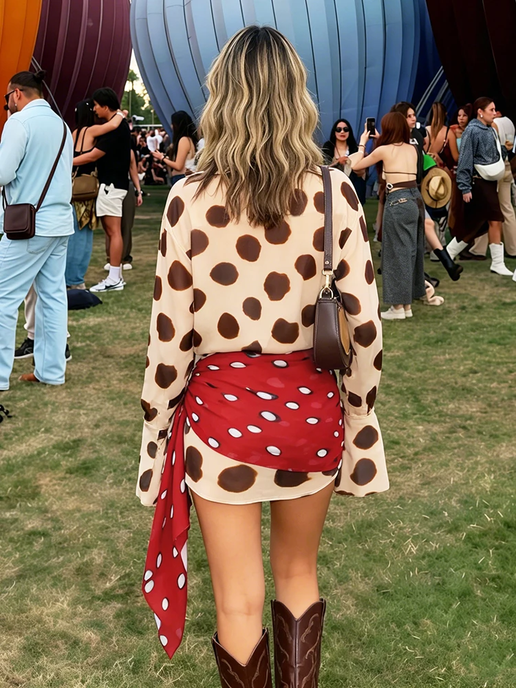 Weird Puss Silk Scarf Strap Patchwork Dress Women Sexy Single-Breasted Full Sleeve Polka Dot Print Hottie Music Festival Bodycon