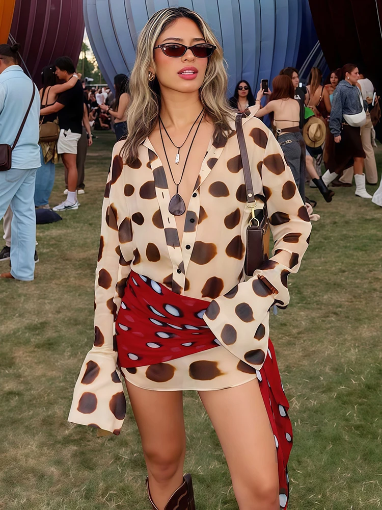Weird Puss Silk Scarf Strap Patchwork Dress Women Sexy Single-Breasted Full Sleeve Polka Dot Print Hottie Music Festival Bodycon