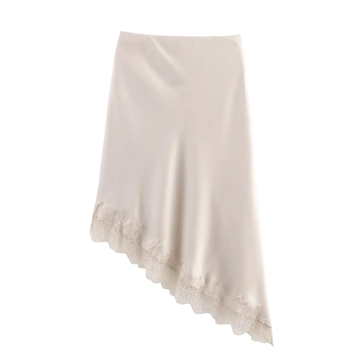 BSAY Lace Asymmetry Satin Texture Skirt Women Fashion Autumn Winter New Solid Chic Female High Waist Elegant Skirts Mujer