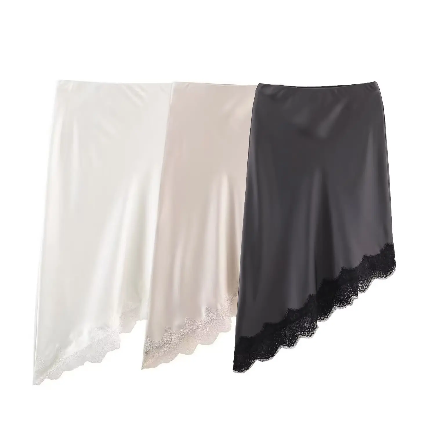 BSAY Lace Asymmetry Satin Texture Skirt Women Fashion Autumn Winter New Solid Chic Female High Waist Elegant Skirts Mujer