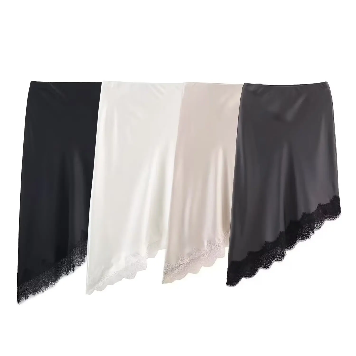 BSAY Lace Asymmetry Satin Texture Skirt Women Fashion Autumn Winter New Solid Chic Female High Waist Elegant Skirts Mujer