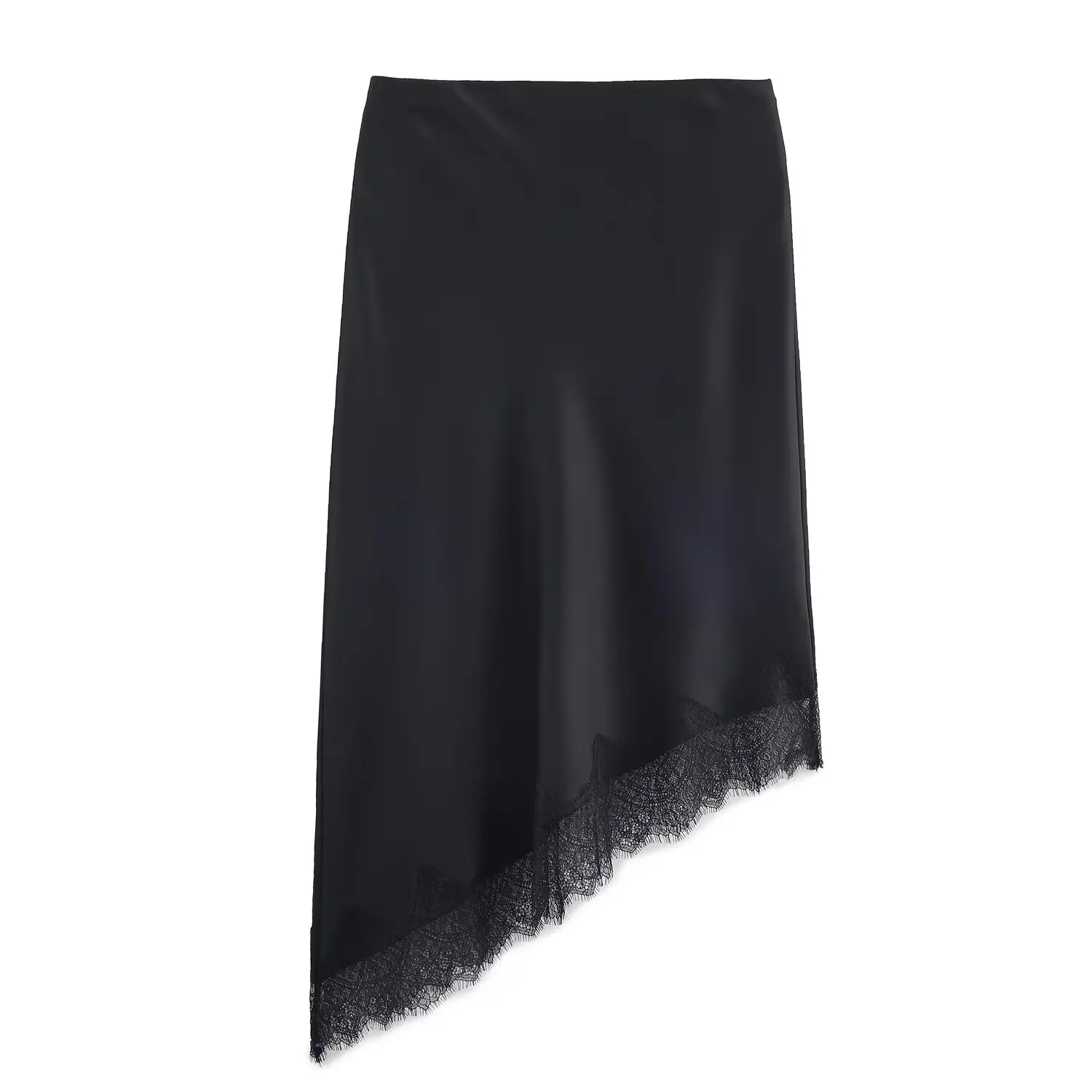 BSAY Lace Asymmetry Satin Texture Skirt Women Fashion Autumn Winter New Solid Chic Female High Waist Elegant Skirts Mujer