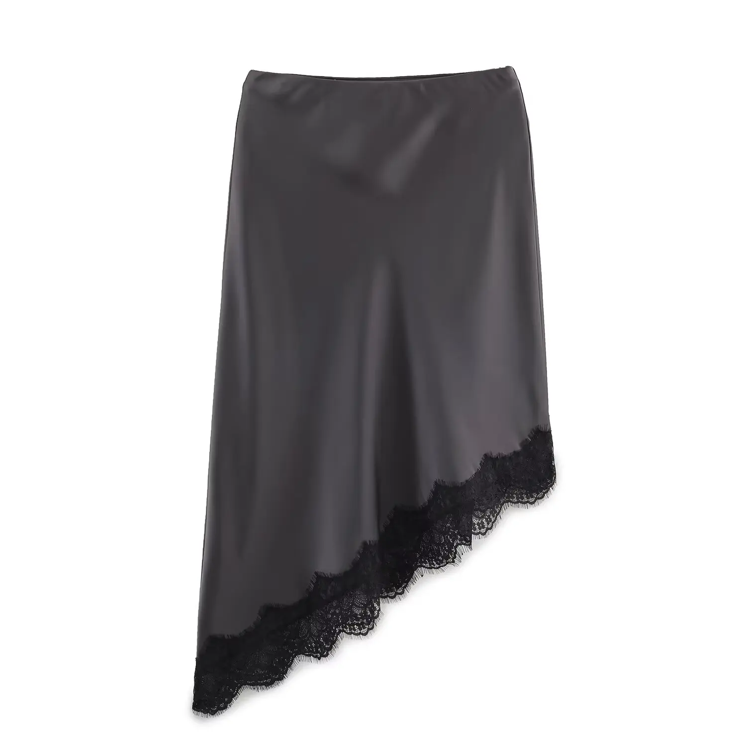 BSAY Lace Asymmetry Satin Texture Skirt Women Fashion Autumn Winter New Solid Chic Female High Waist Elegant Skirts Mujer