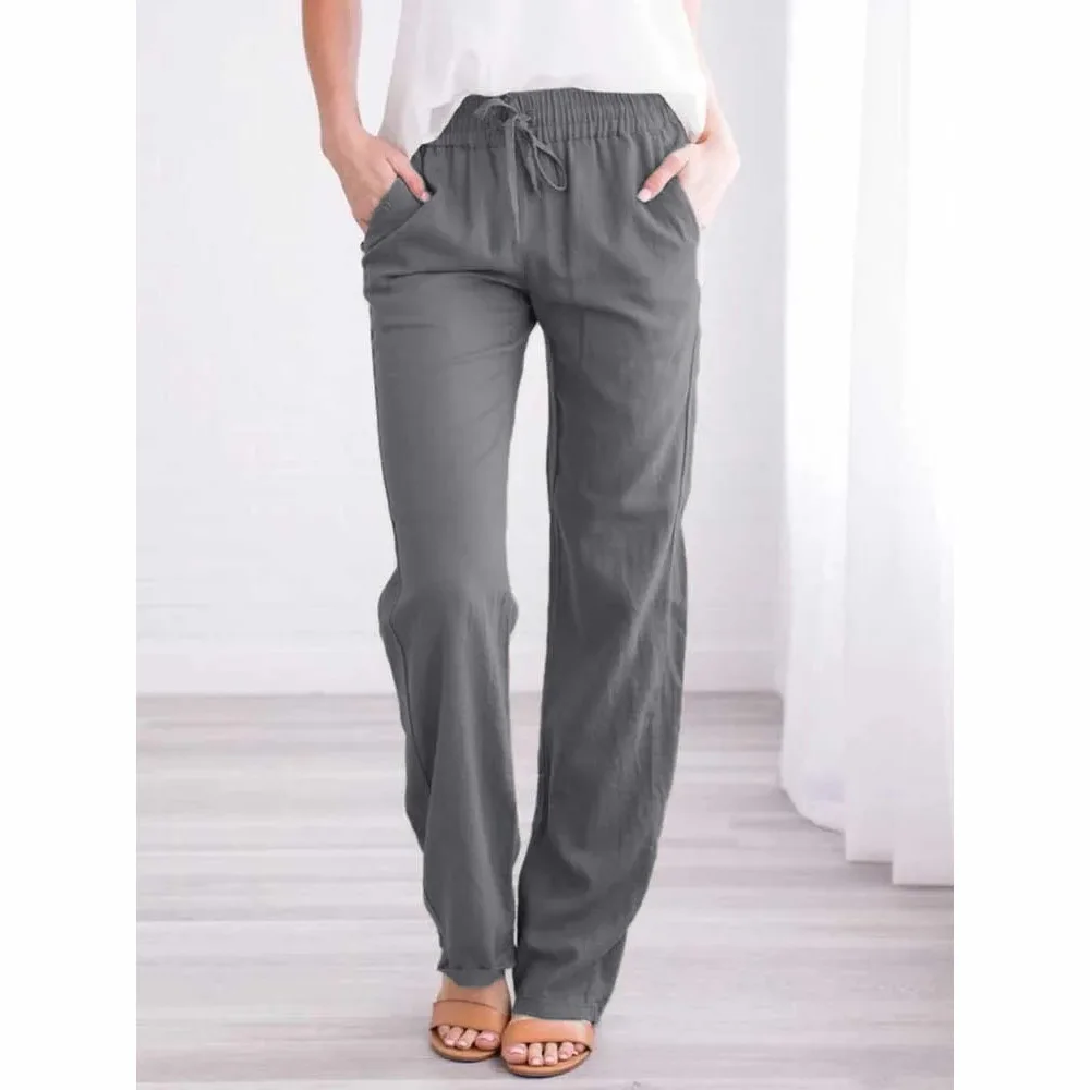 2026 New Women Cotton Drawstring Pants Elastic Waist Casual Solid Color Trousers Baggy Loose Straight Leg Breathable Sweatpants