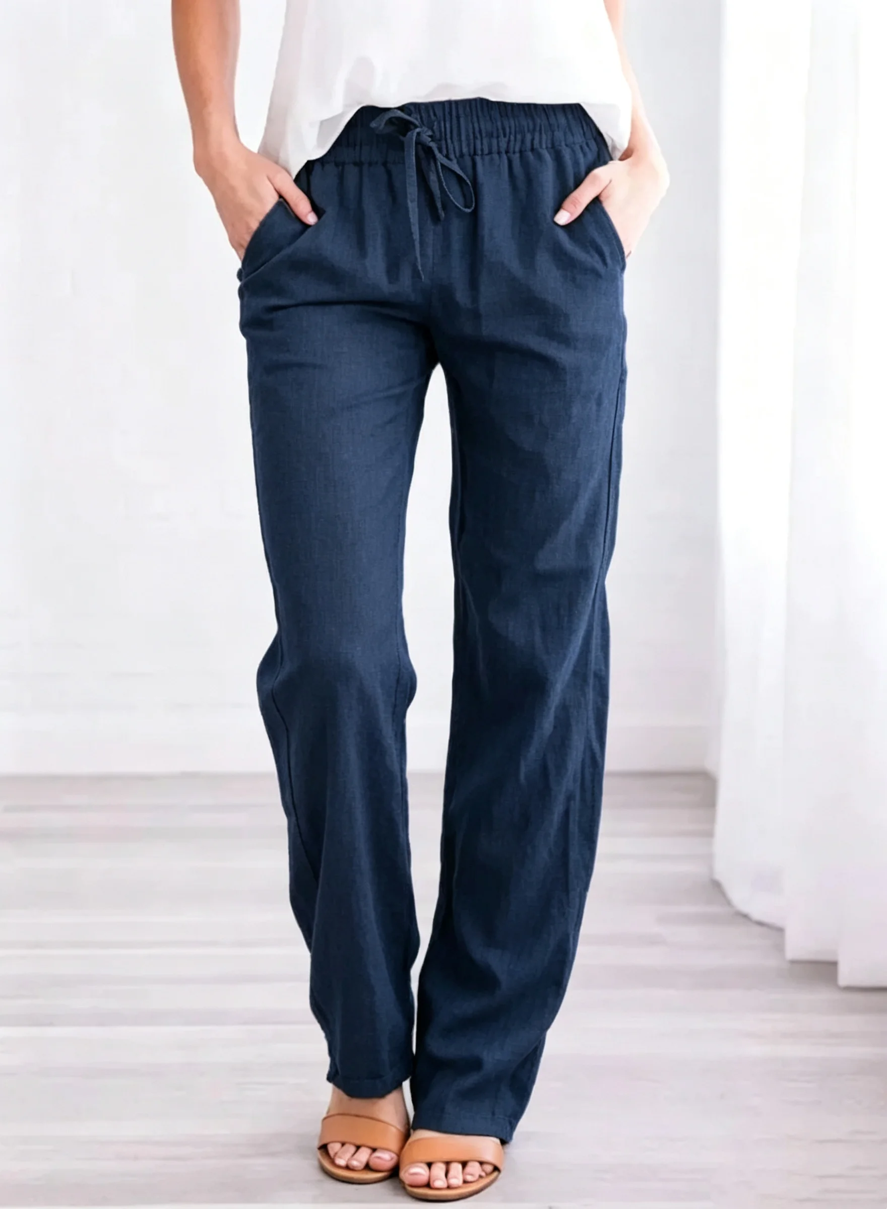 2026 New Women Cotton Drawstring Pants Elastic Waist Casual Solid Color Trousers Baggy Loose Straight Leg Breathable Sweatpants